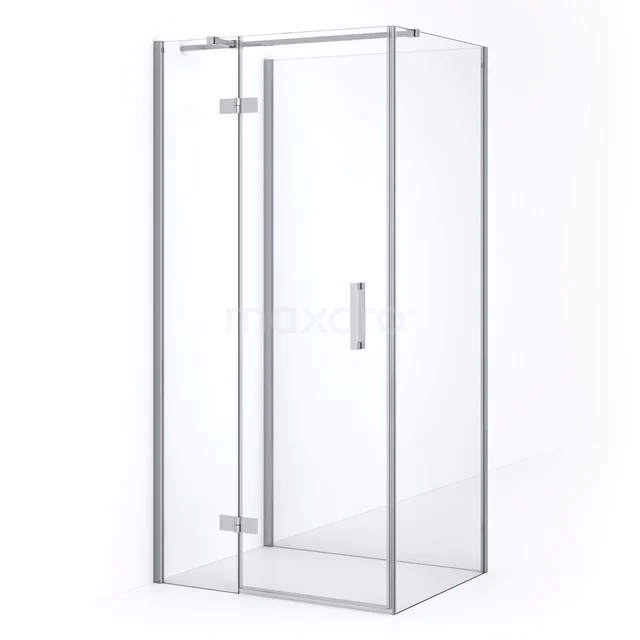 Glass shower enclosure with chrome details, corner model with pivot door and clear safety glass, perfect for a modern bathroom.