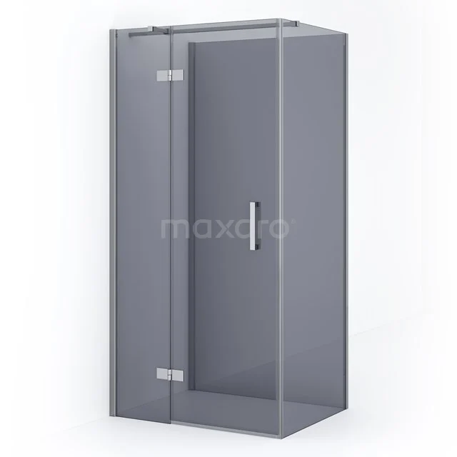 Grey corner shower cabin with glass doors and metal Handle, ideal for modern bathroom design.