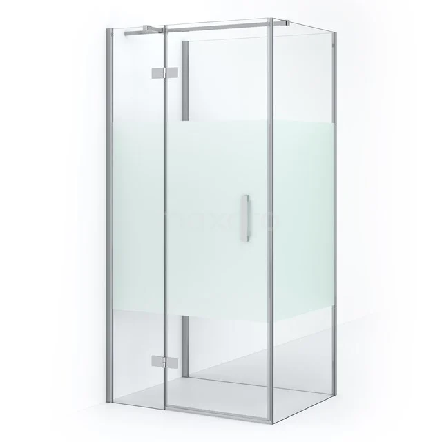 Glass shower enclosure with frosted glass detail, corner step and aluminium profiles, ideal for a modern bathroom style.