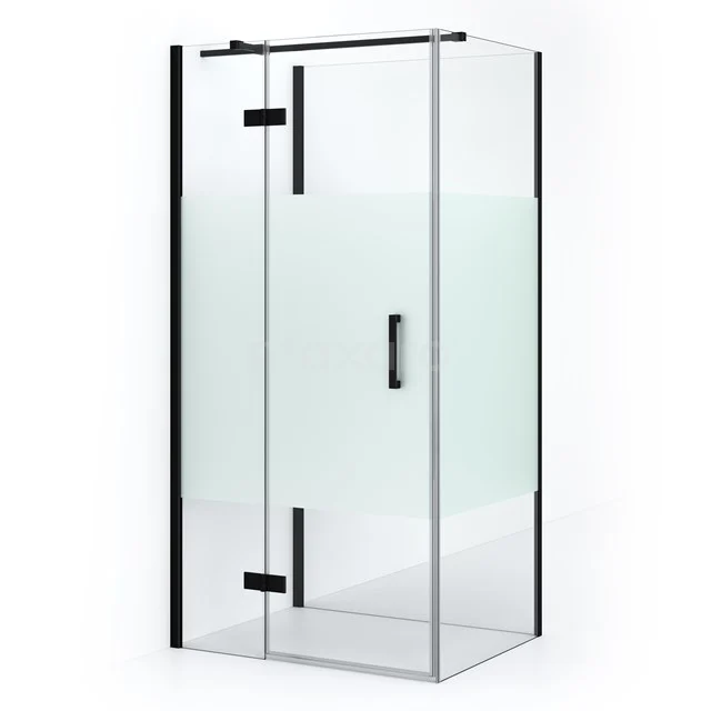 Glass shower enclosure with black frame, frosted glass detail and pivot door; modern design for a stylish bathroom.