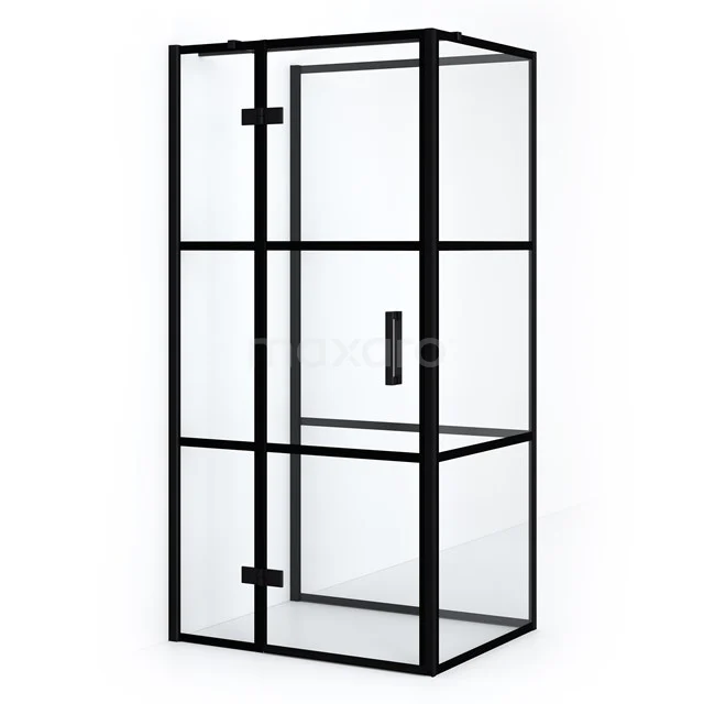 Black industrial shower enclosure with glass panels, sleek frame and door, perfect for a modern bathroom style.