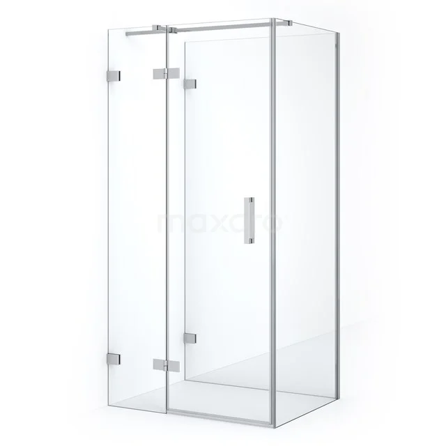 Modern glass shower enclosure with corner design, featuring an aluminium frame and transparent doors, perfect for any bathroom.