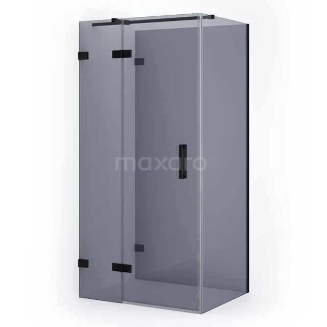 Black shower enclosure with corner step, sliding door and frosted glass panels, modern design for any bathroom.
