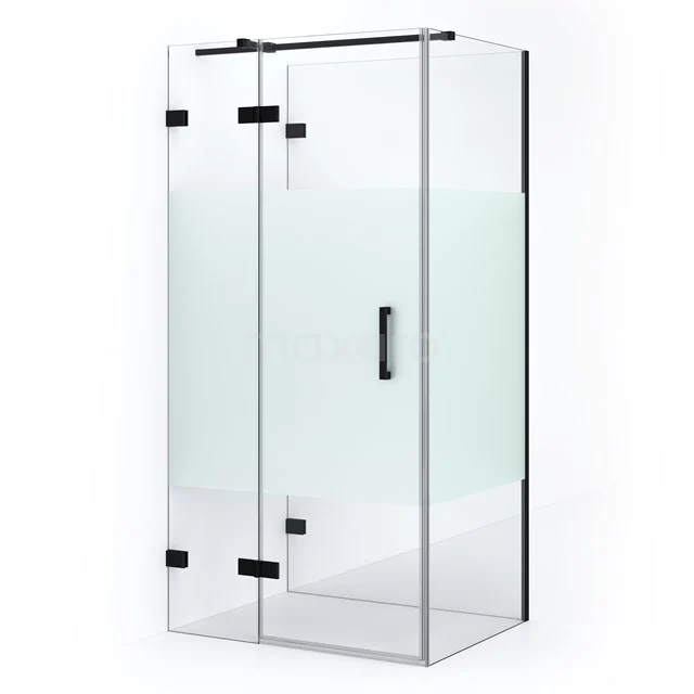 Shower enclosure with black frame and frosted glass, sleek design ideal for modern bathrooms.