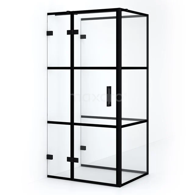 Diamond Shower cabin | 100x80 cm Matte black Clear with 4 black stripes Pivot door Semi-detached rectangle CDF21460810328MB Black and white industrial shower enclosure with glass and matte black profiles, ideal for a modern bathroom style.