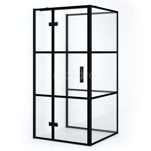 Schwarze industrielle Duschkabine mit Klarglas und Aluminiumrahmen, perfekt für einen modernen Badezimmerstil.