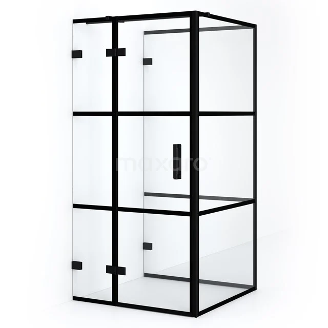 Shower enclosure with black frame, modern design and glass walls; stylish addition for a sleek bathroom.