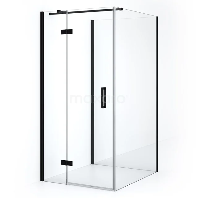 Shower enclosure with black frame, square design and clear glass, perfect for a modern bathroom style.