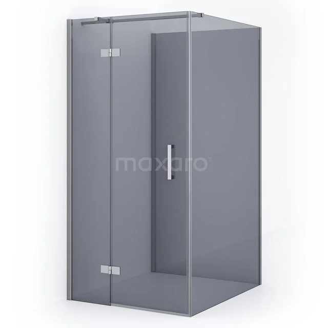 Grey corner shower cabin with glass panels and metal handle, ideal for modern bathroom design.