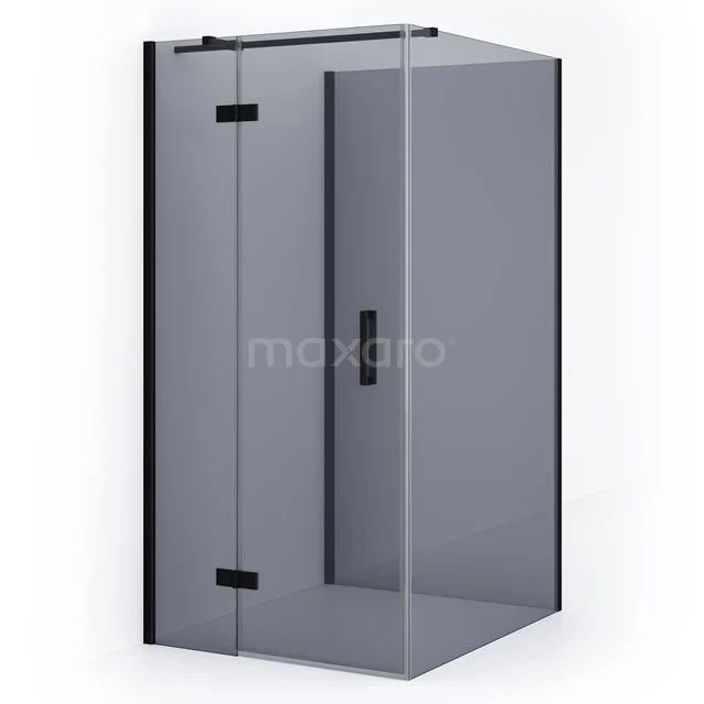 Schwarze Glas-Duschkabine mit Eck-Einstieg, modernem Designstil und metallischen Scharnieren, ideal für ein stilvolles Badezimmer.