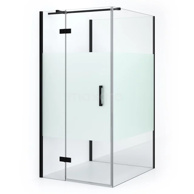 Glass shower enclosure with black frame, clear and frosted glass, modern design. Perfect for stylish bathroom decoration.