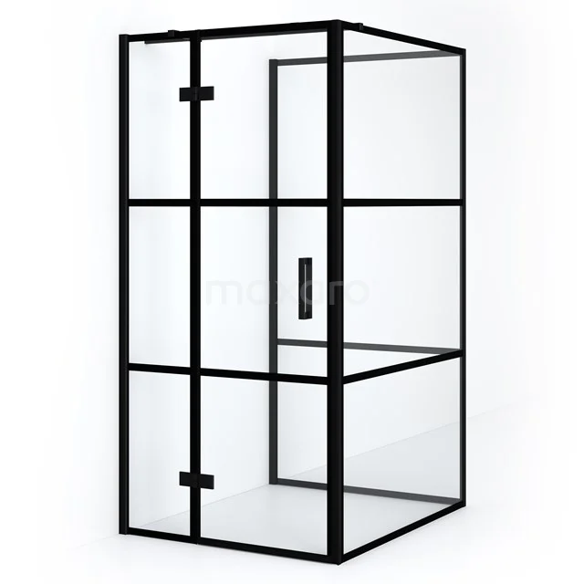 Schwarze Glaskabine mit matt schwarzem Rahmen, industrielles Design für moderne Bäder.