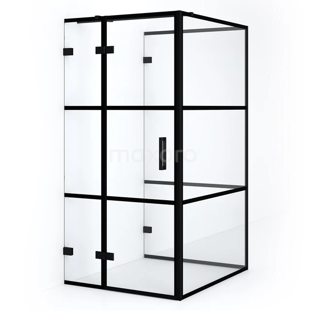 Matte black shower enclosure with industrial look, frosted glass walls and hinged door, perfect for a modern bathroom style.