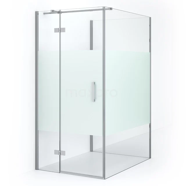 Glas Duschkabine mit Mattglasdetail, eckigem Design, silberfarbigen Profilen und Drehtür für ein modernes Badezimmer.