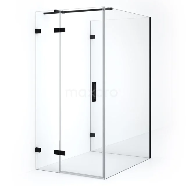 Glas Duschkabine mit Schwarz Aluminium Profile, eckiges Design und doppelte Türen, ideal für moderne Bäder.