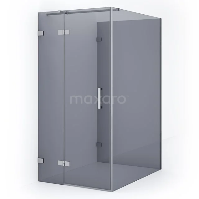 Glass corner shower cabin with matt grey tint, metal hinges and modern design; ideal for a stylish bathroom.
