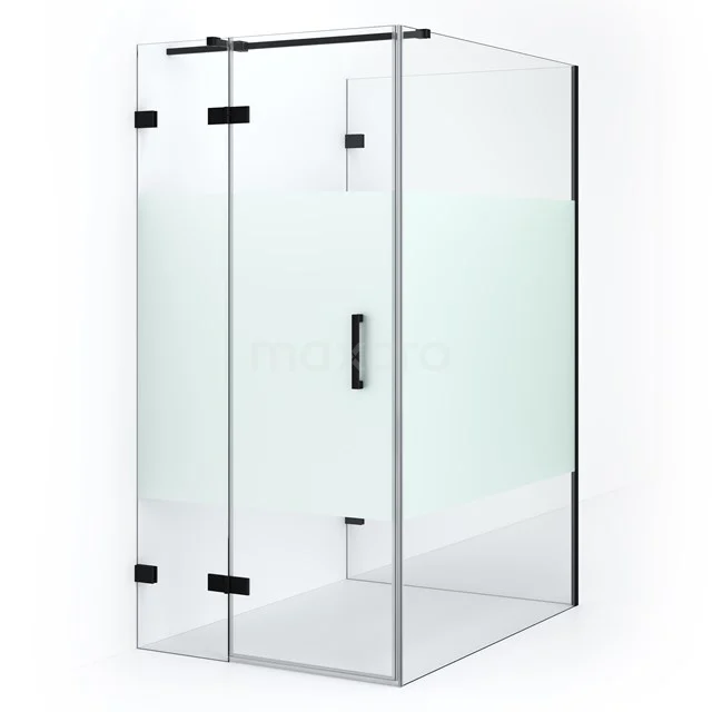 Shower enclosure with clear and frosted glass, black aluminium profile, spacious corner step; ideal for modern bathrooms.