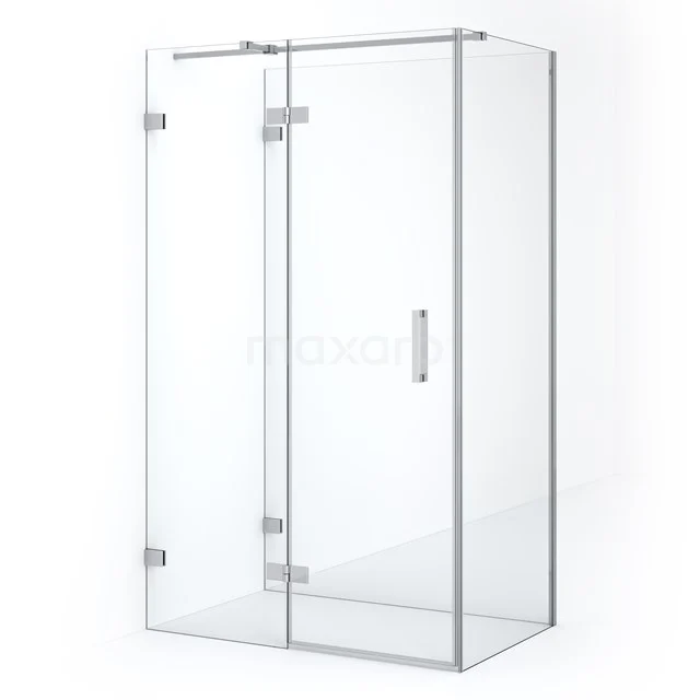 Glass shower enclosure with corner step, transparent safety glass and chrome hinges, perfect for a modern bathroom.