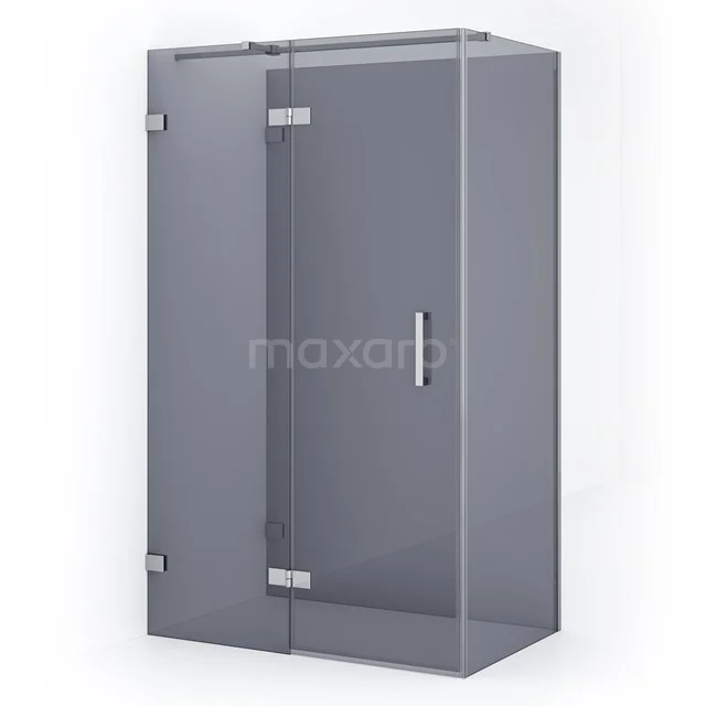 Glass shower enclosure with corner entrance, clear glass and stylish metal hinges; modern bathroom design.