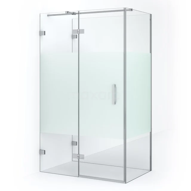 Glas Duschkabine mit rechten Winkeln, mattgläsernen Details und metallenen Scharnieren, perfekt für ein modernes Badezimmer.