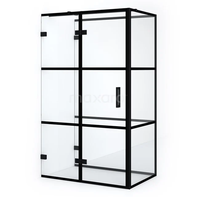 Black industrial shower enclosure with clear glass panels and clean lines, perfect for a modern bathroom style.