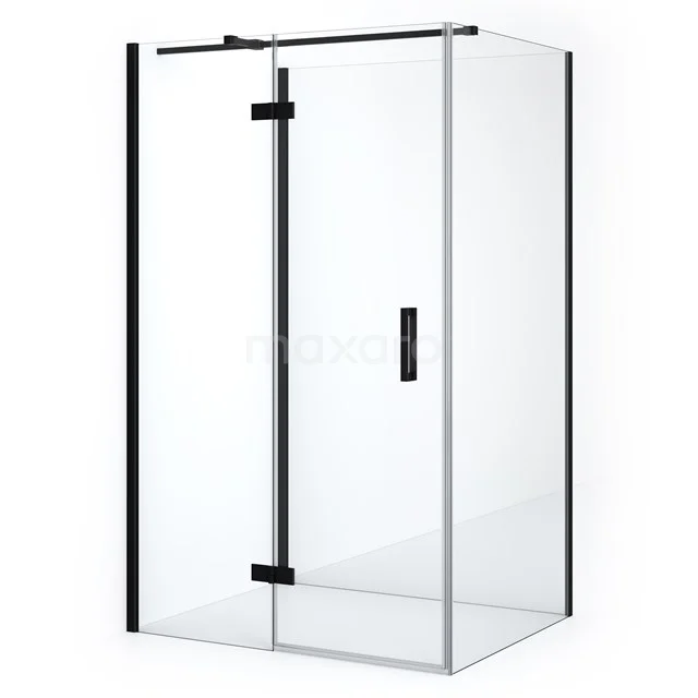 Shower enclosure with black frame, clear glass and sliding door, modern design for a stylish bathroom.