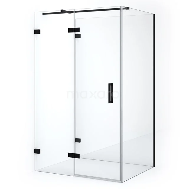 Luxury glass shower enclosure with frosted black accents, sleek design and spacious entry, ideal for modern bathroom design.