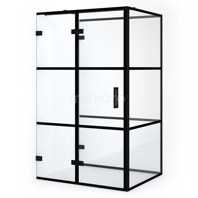 Moderne schwarze Metall-Duschkabine mit Glasplatten, ideal für ein stilvolles Badezimmer.