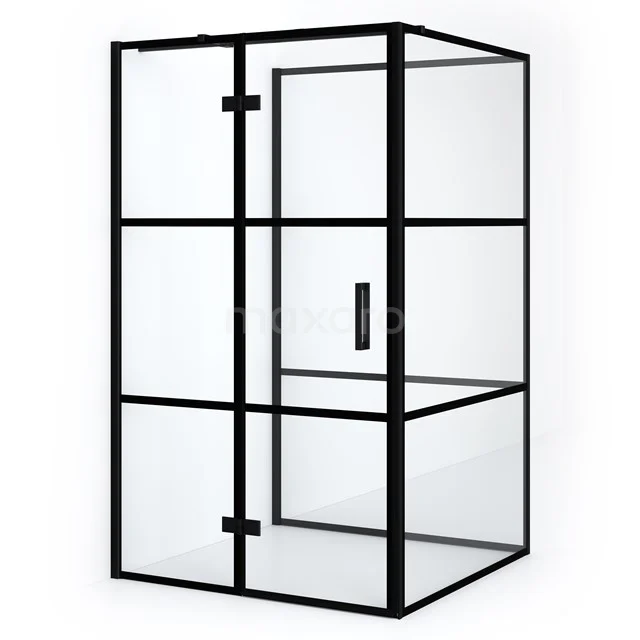 Black industrial shower enclosure with glass walls and black metal frame, perfect for a modern bathroom.