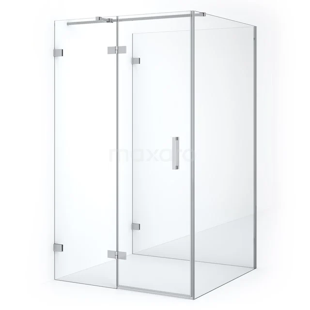 Corner shower cabin in clear glass with aluminium profiles, sleek design for a modern bathroom.