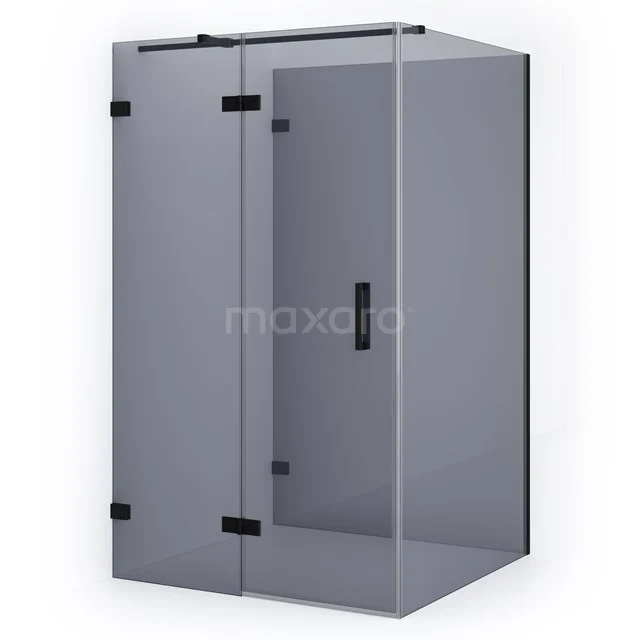 Matte black shower enclosure with corner step, clear glass and aluminium profile, ideal for a modern bathroom style.