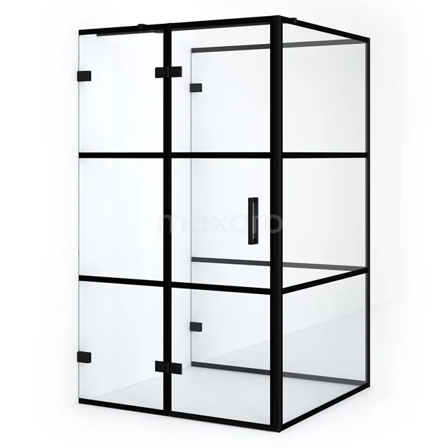 Schwarze Glaskabine mit modernem Stahlrahmen, ideal für eine stilvolle und schlichte Badezimmergestaltung.