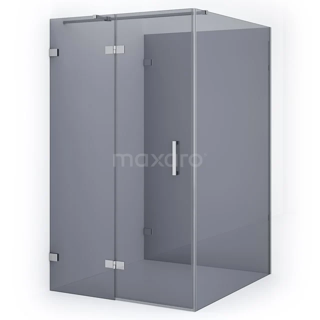 Graue Glas-Duschkabine mit Eck-Einstieg, schlankem Design und metallenen Scharnieren, perfekt für eine moderne Badezimmergestaltung.