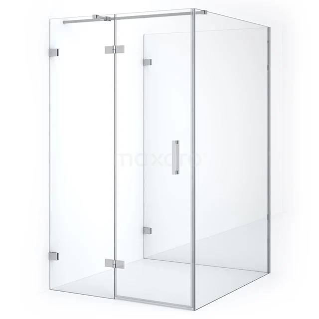 Glass shower enclosure with transparent design, angular shape and metal hinges; stylish bathroom solution of high quality.