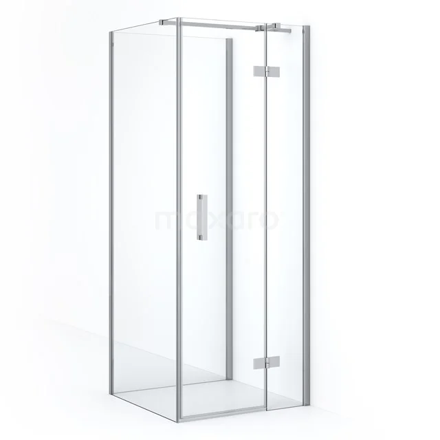 Glass shower enclosure with silver frame and pivot door, ideal for a modern bathroom.