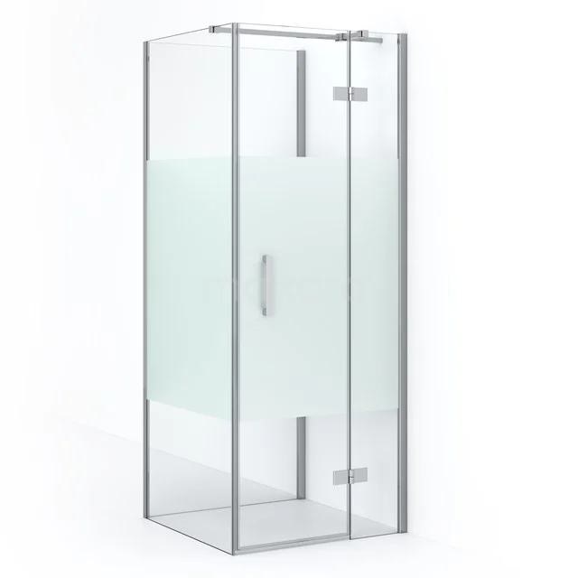 Glass shower enclosure with frosted glass pattern, stainless steel frame and pivot door, perfect for a modern bathroom.