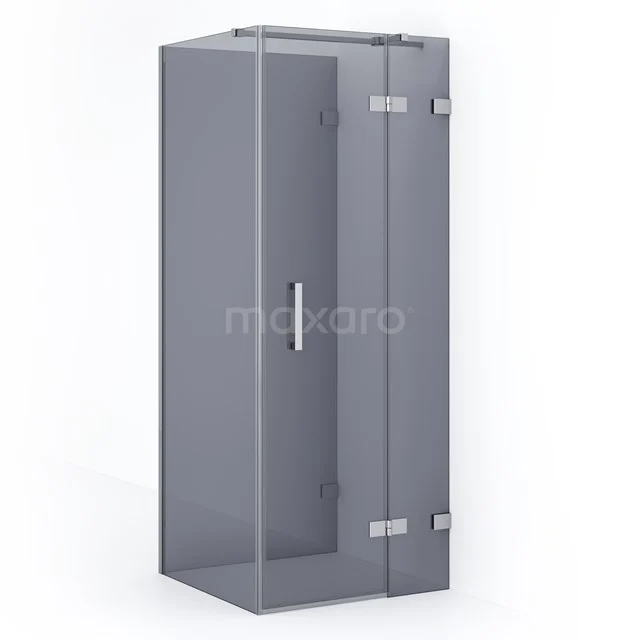 Graue Glaskabine mit Eckeinstieg, metallischen Scharnieren und minimalistischem Design; perfekt für moderne Bäder.
