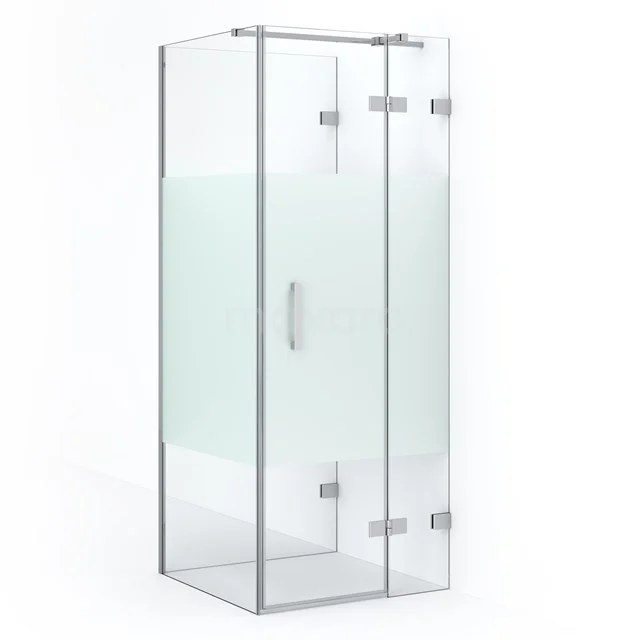 Glass shower enclosure with satin strip, angular design and aluminium profile, ideal for a modern bathroom.