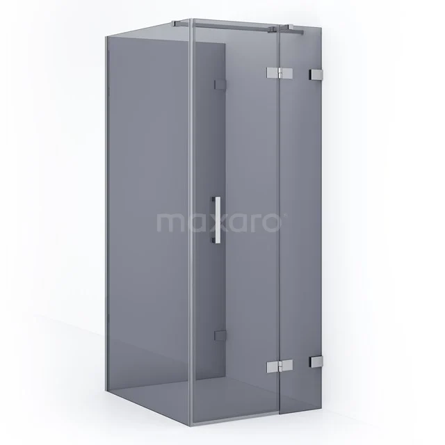 Grey glass shower enclosure with corner shape, metal hinges and minimalist design; ideal for modern bathrooms.