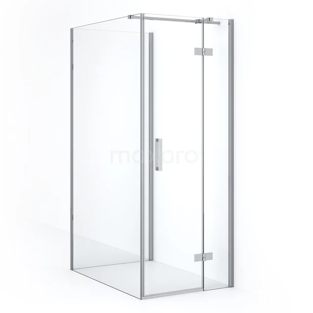 Glass shower enclosure with corner step, modern design, silver aluminium profiles and chrome details for a luxurious bathroom style.