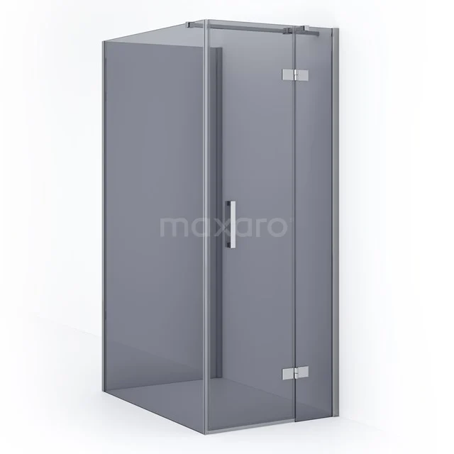 Grey square Shower enclosure made of glass with metal hinges and handle, ideal for modern bathrooms.