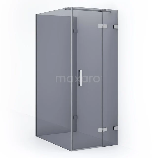 Grey corner shower cabin with glass walls and metal hinges, ideal for modern bathroom design.