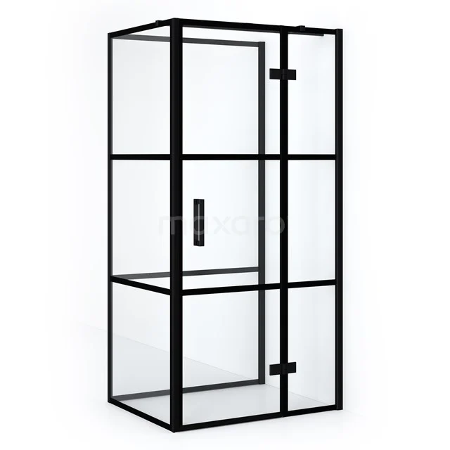 Schwarze Duschkabine mit rechteckigem Rahmen und Glastüren, industrielles Design, perfekt für einen modernen Badezimmerstil.