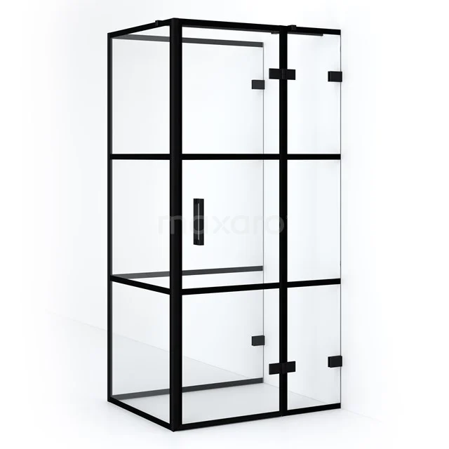 Schwarze industrielle Duschkabine mit Glas und Metallrahmen, modernes Design für ein stilvolles Badezimmer.