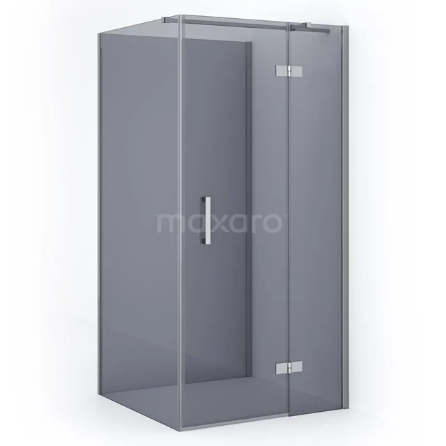 Graue Duschkabine mit Glastür, Eckmodell aus mattem Material, ideal für eine moderne Badezimmergestaltung.