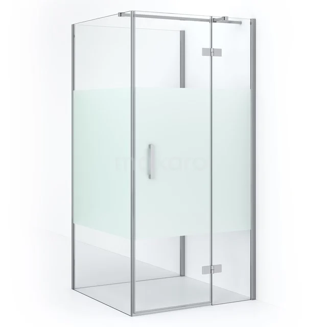 Duschkabine halb freistehend Diamond 100x100cm 8mm klares Sicherheitsglas mit mattem Streifen Chrom CDF22461010313C Glas Duschkabine mit silbernem Aluminium Profil, scharfen Ecken und Mattglas Detail, perfekt für ein modernes Badezimmer.