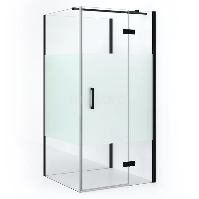 Diamond Shower cabin | 100x90 cm Matte black Clear with matt strip Pivot door Semi-detached rectangle CDF22460910313MB Sleek glass shower enclosure with black profiles, ideal for a modern bathroom. Includes frosted privacy zone.