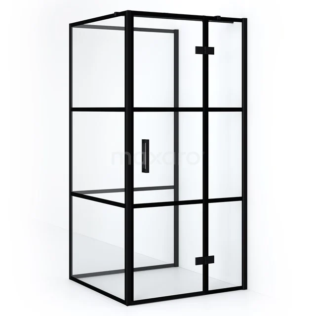 Black industrial shower enclosure with glass panels and black metal frame, ideal for a modern bathroom style.