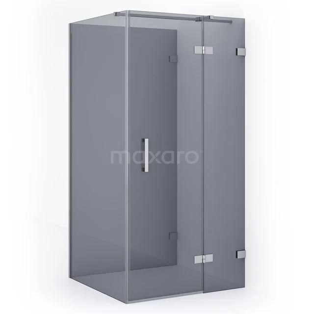 Shower enclosure with corner entry, clear glass grey panels, metal hinges and door, ideal for modern bathrooms.