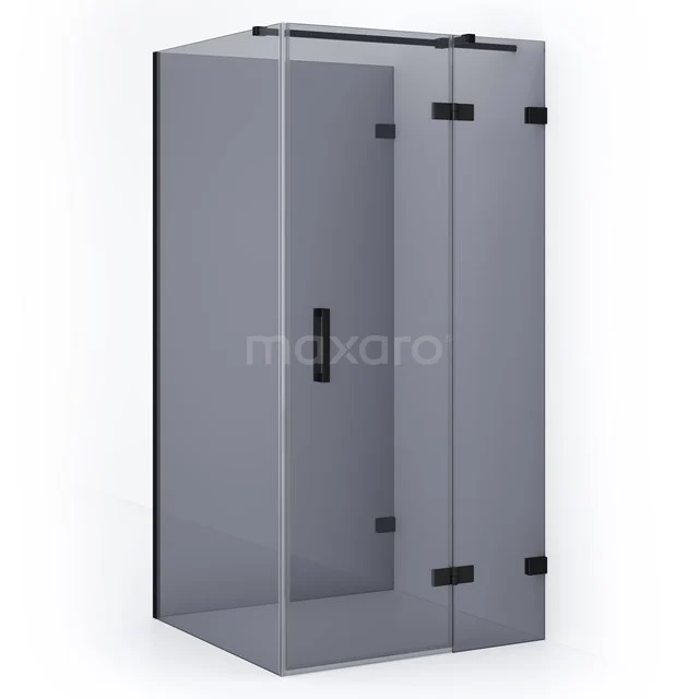 Modern glass shower enclosure, matte black frame, corner unit, ideal for stylish bathroom design.